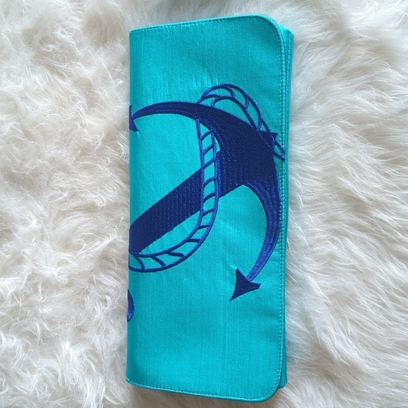 Vintage Shiraleah Silk Embroidered Anchor Clutch Nantucket Turquoise Royal Blue - Picture 1 of 16